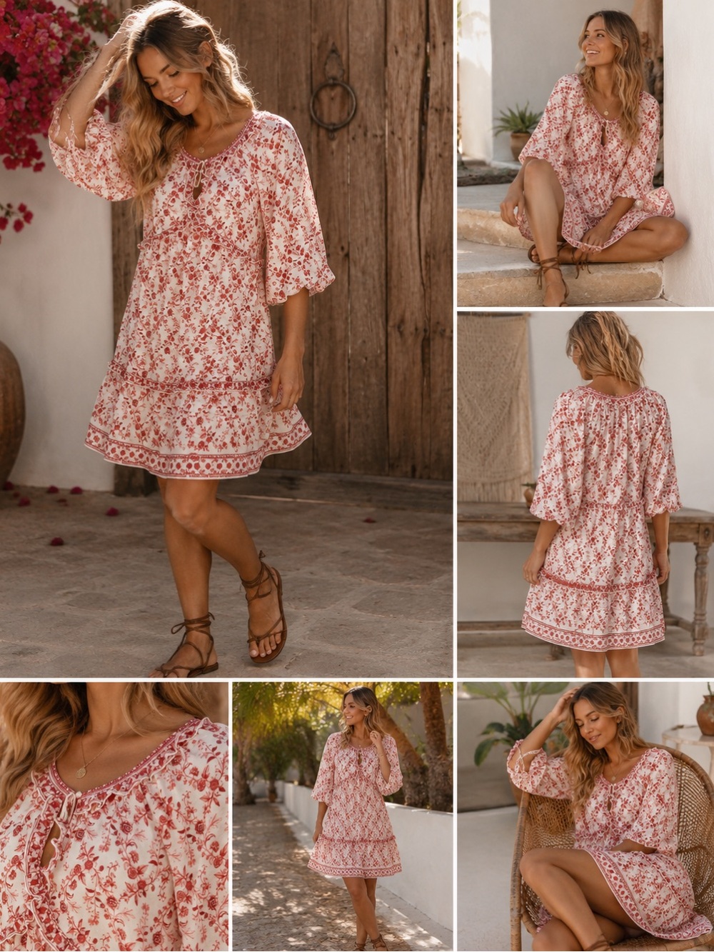 New Max Studio $178 MSRP Red and Cream Floral Tiered Peasant Dress